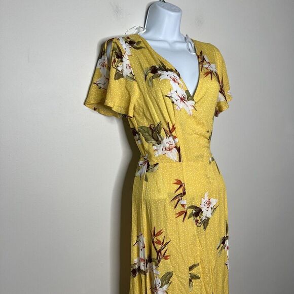 Lulus Wrap Dress Womens XS Floral Maxi Yellow Tropical Print Slit Short Sleeve - Picture 8 of 11